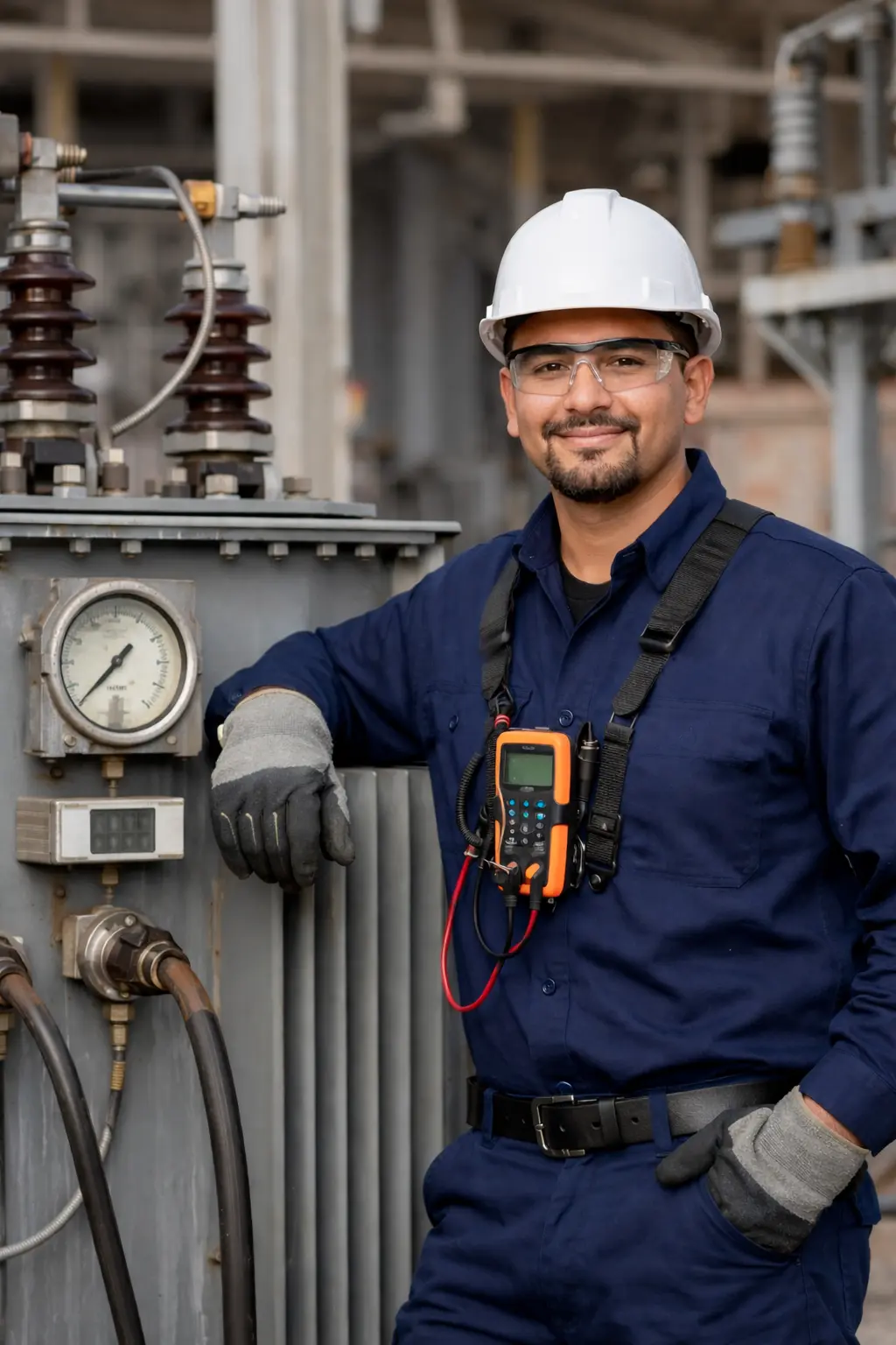 Técnico industrial especializado trabajando junto a transformador eléctrico